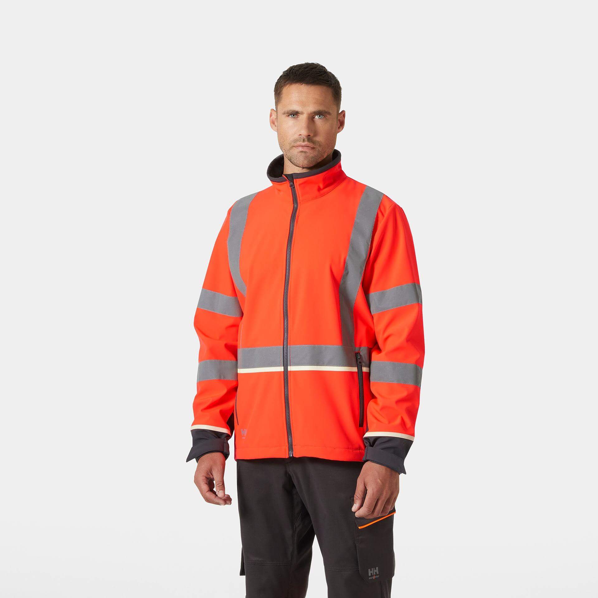 Helly Hansen UC-ME Hi-Vis Softshell Jacket Red/Ebony OnBody 1#colour_red-ebony