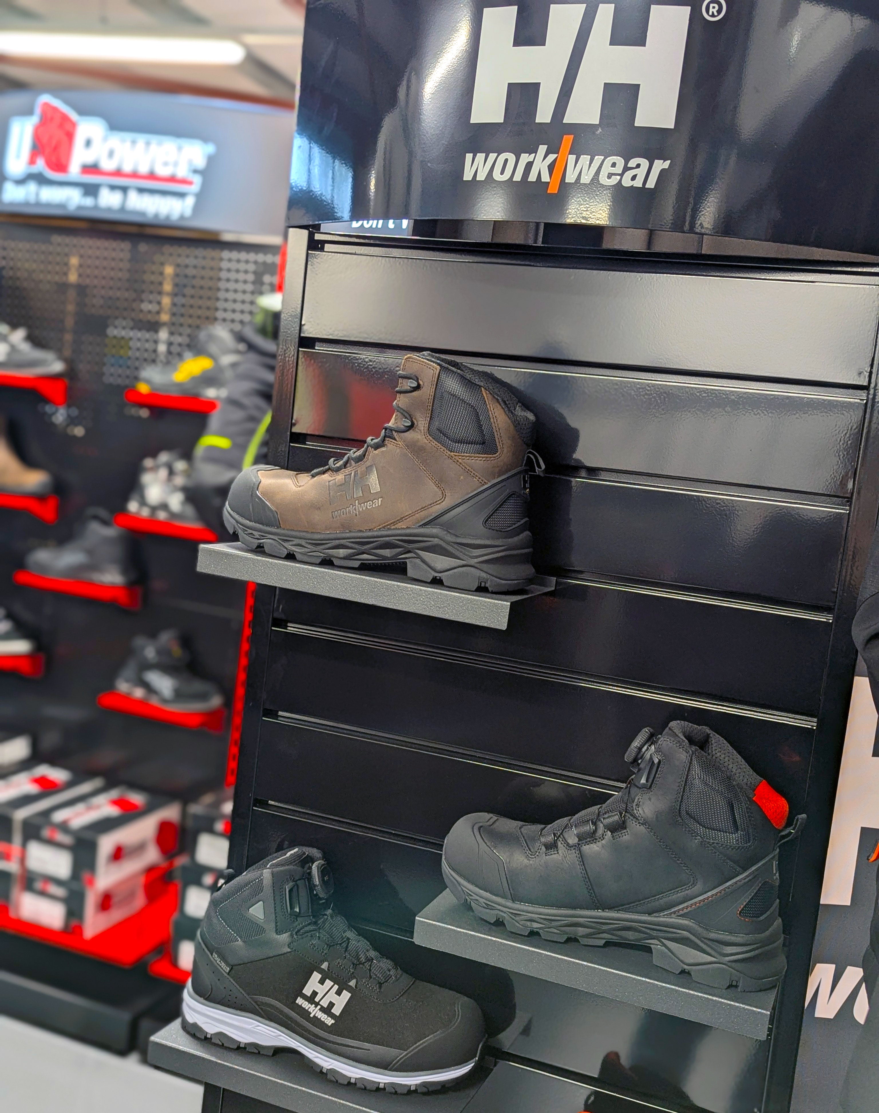 A display of Helly Hansen work boots