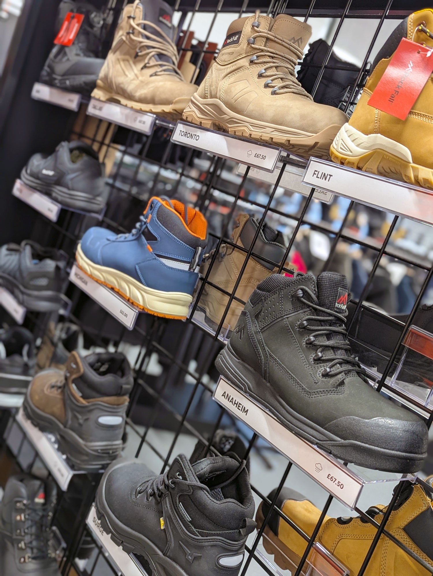 Rockfall safety work boots on display at Paramount Workwear